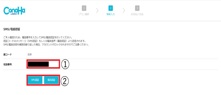 電話番号を入力し電話認証かSMS認証かを選択。