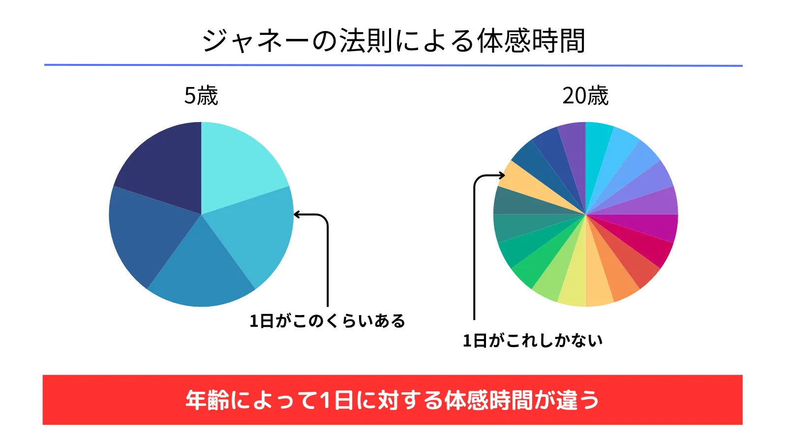 ５歳の子と20歳の人の体感時間を表した円グラフ