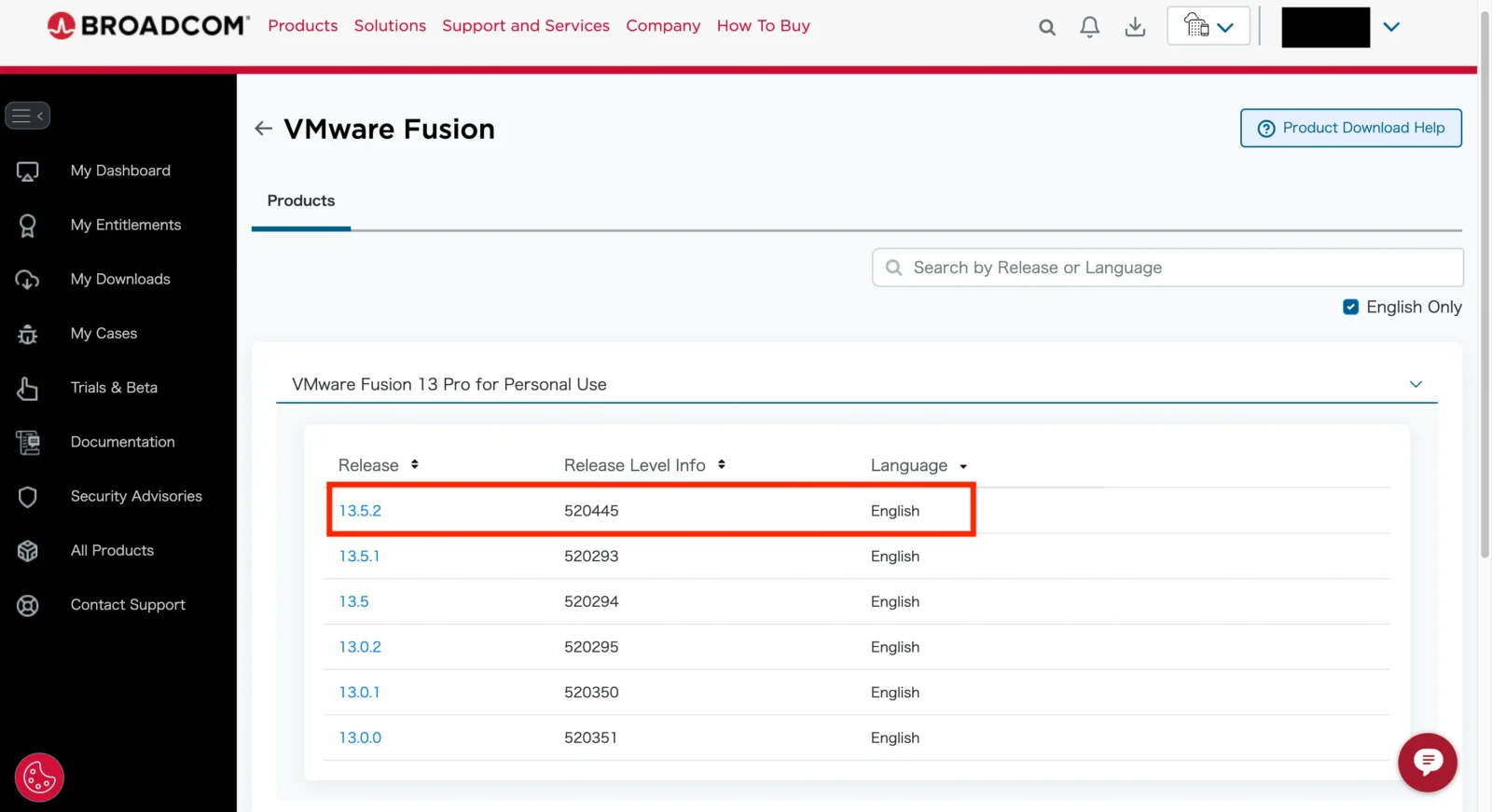 BROADCOMからVMware Fusionのバージョンを選択