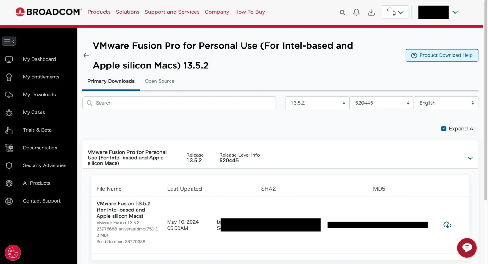 BROADCOMからVMware Fusionの詳細からFusionをダウンロード